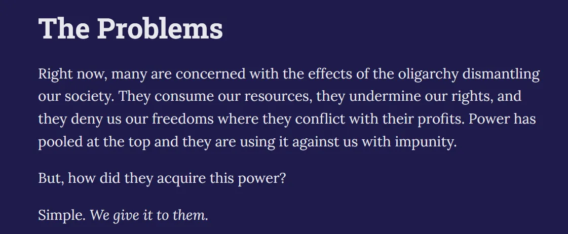 A dark blue background with white text titled 'The Problems' outlines societal concerns about oligarchs consuming resources…