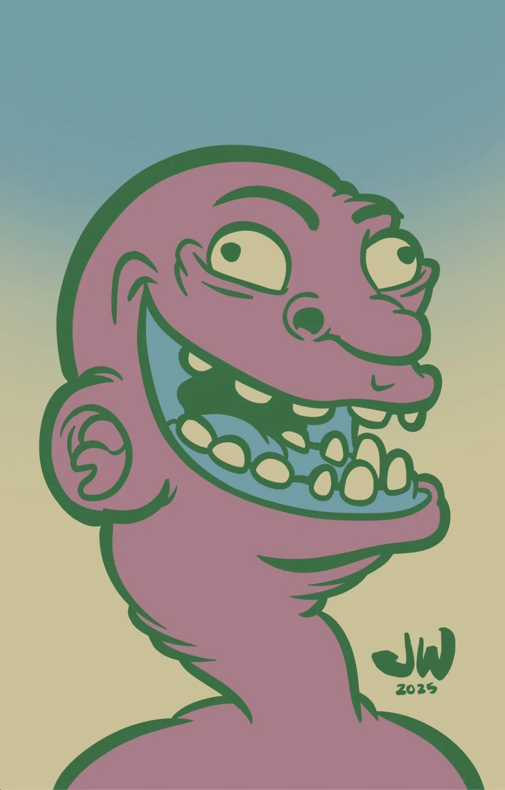 A stylized cartoon illustration of a pink, bald, smiling creature with large eyes and a wide, toothy grin against a gradient…