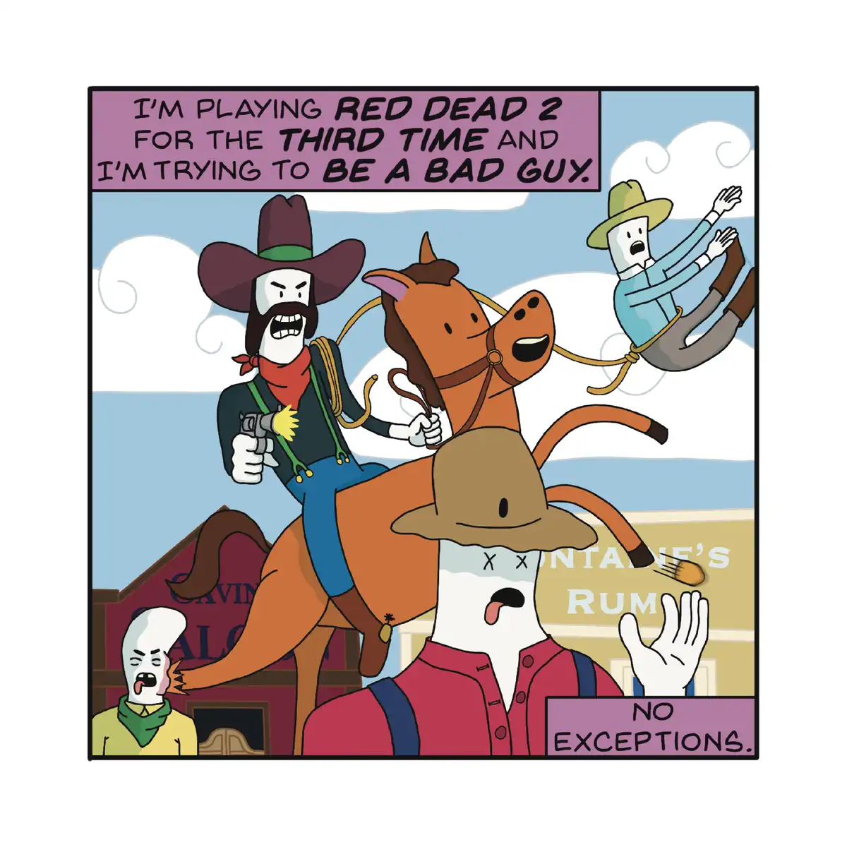 A cartoon cowboy with a mustache and red bandana rides a horse, firing a gun while shouting. Another character is thrown…