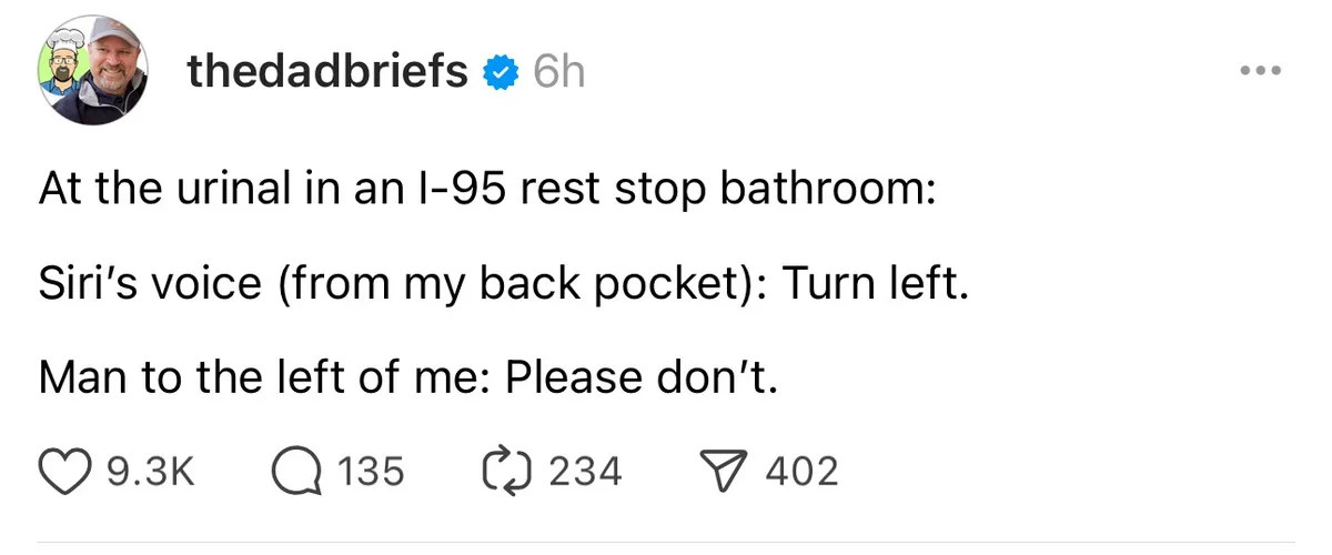 A screenshot of a social media post by 'thedadbriefs' showing text describing a humorous scenario: while using a urinal at…
