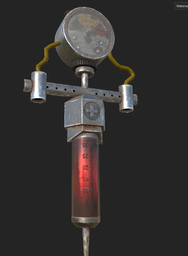 A metallic, sci-fi style syringe with a gauge on top labeled 'CHANGE' and 'FAKE', filled with red liquid up to the 25% mark…
