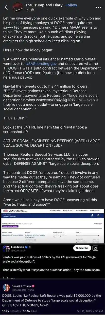 A screenshot of a social media post by Donald J. Trump, where he claims Reuters was paid $9 million by the Department of…