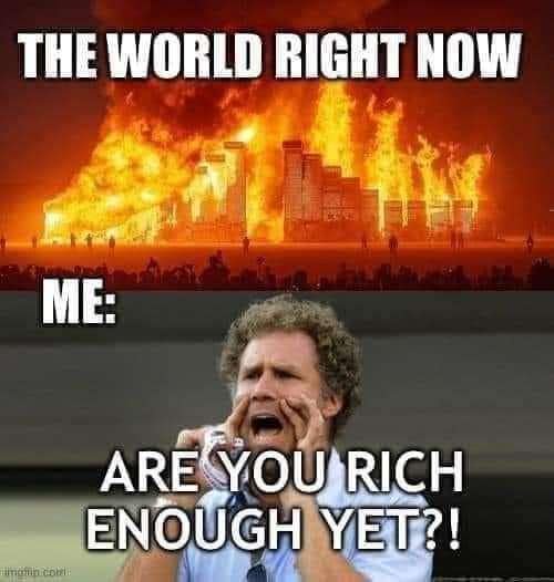 The top panel shows a city skyline engulfed in massive flames with the text 'THE WORLD RIGHT NOW'. The bottom panel features…