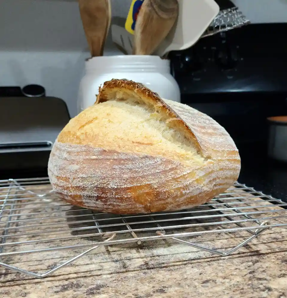 A round, golden-brown sourdough loaf with a cracked crust and dusting of flour sits on a metal cooling rack on a granite…