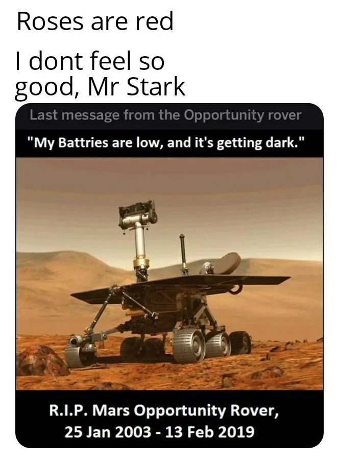 The image shows the Mars Opportunity rover on the red planet's surface, with overlaid text mimicking a romantic poem but…