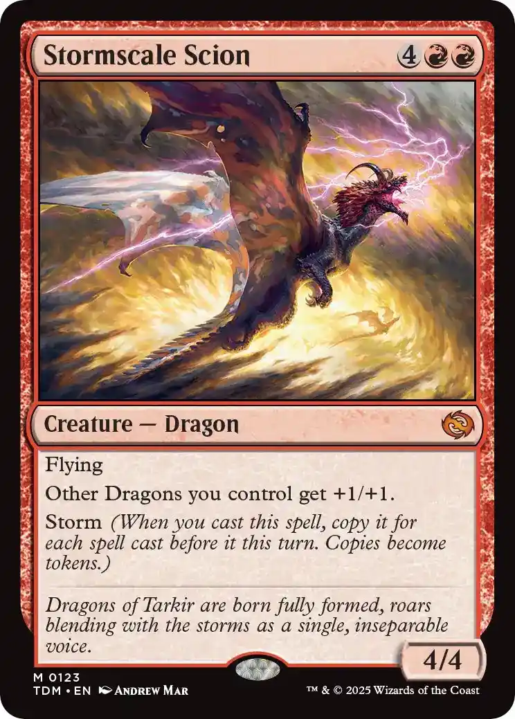 A Magic: The Gathering creature card titled 'Stormscale Scion' depicts a large, dark dragon with red horns and wings…