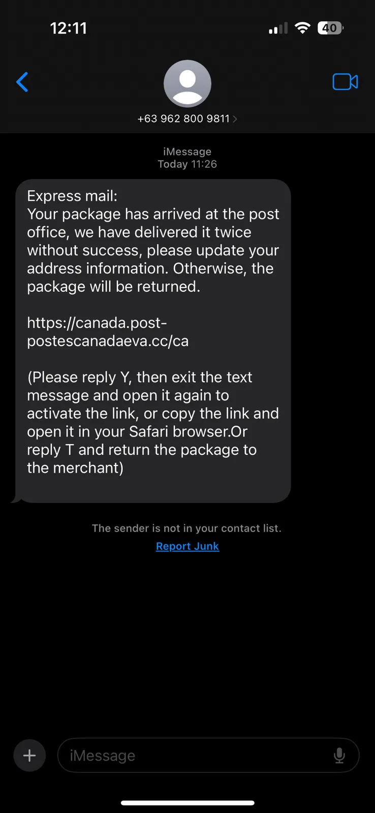 An iMessage screenshot shows a text message claiming to be from Canada Post, stating a package was delivered twice…
