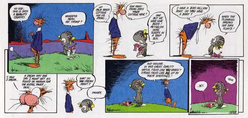 A comic strip featuring two anthropomorphic cats, one tall and spiky-haired in a suit, the other small and gray, having a…