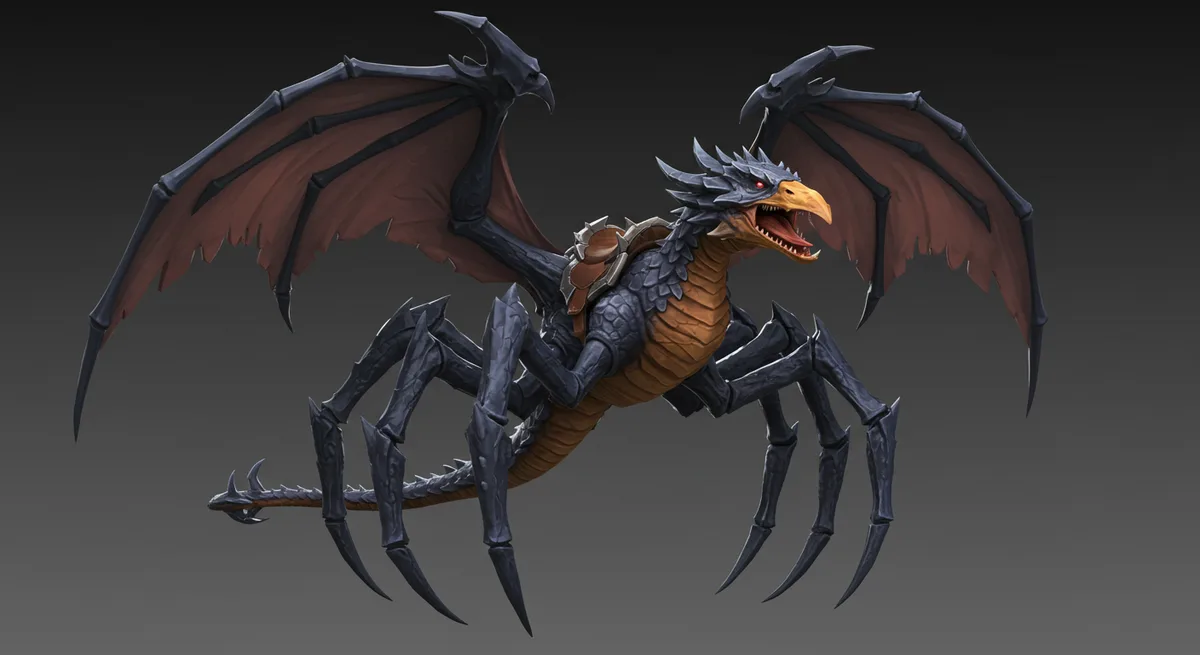 A digitally rendered fantasy creature resembling a dragon with a scaly body, wings, and a long tail, but instead of typical…