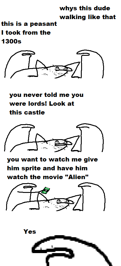 A four-panel comic strip featuring a crudely drawn cat-like character with a human-like face. In the first panel, the…