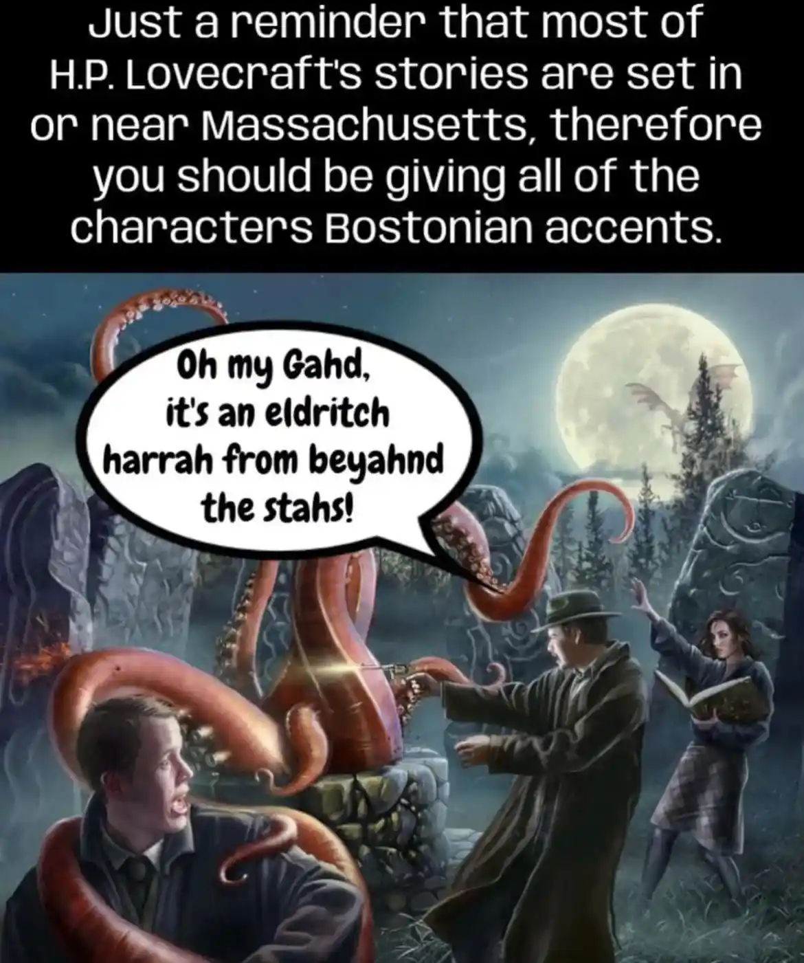 An illustrated scene depicts three people in a dark, eerie outdoor setting with giant red tentacles emerging from a stone…