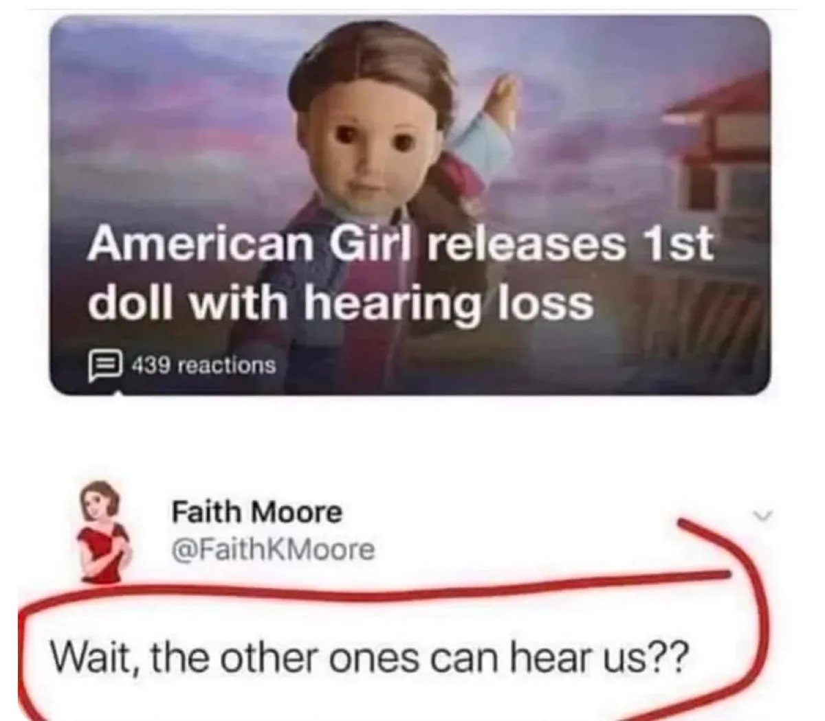 The image shows a screenshot of a social media post about American Girl releasing its first doll with hearing loss. Below…