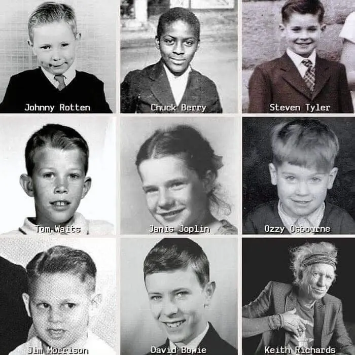 A 3x3 grid of black-and-white childhood photos of famous musicians, each labeled with their adult stage names: Johnny…