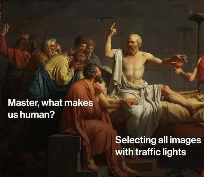 A classical painting depicts a bearded philosopher in a white toga pointing upward while seated, surrounded by students in…