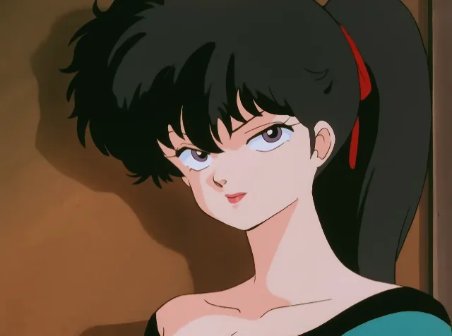 a close-up of an anime character with dark hair tied in a ponytail with a red ribbon, looking directly at the viewer with a…