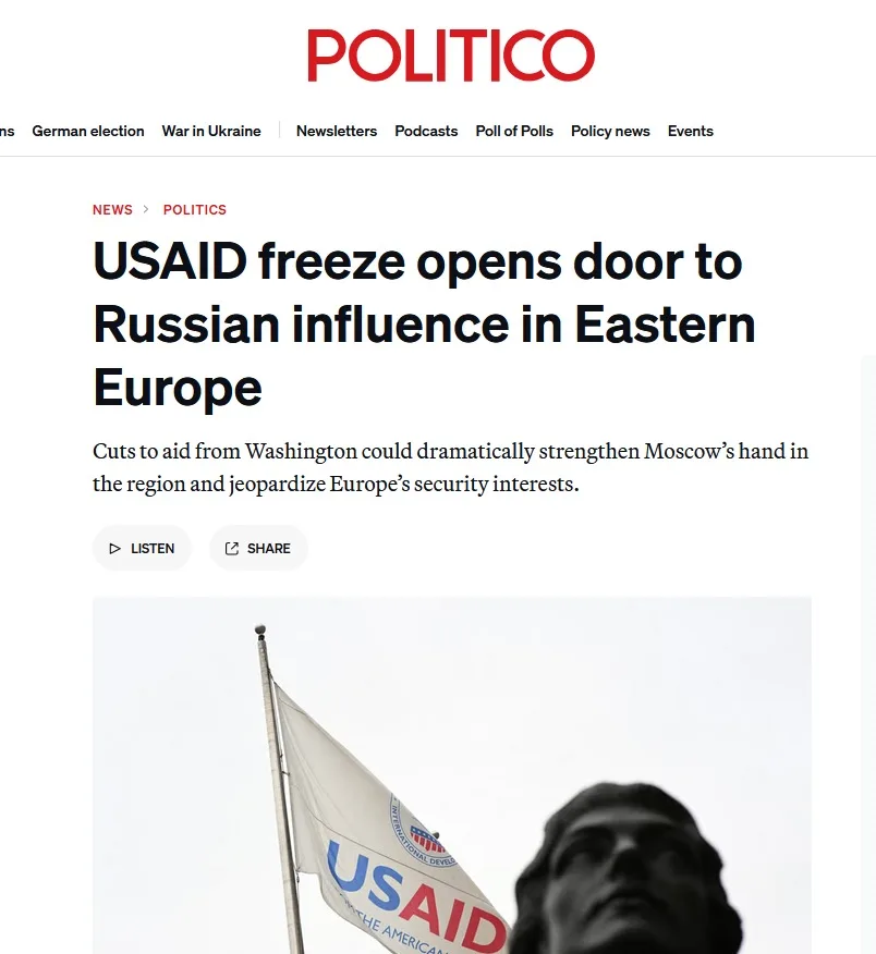 A screenshot of a Politico news article with the headline 'USAID freeze opens door to Russian influence in Eastern Europe'…