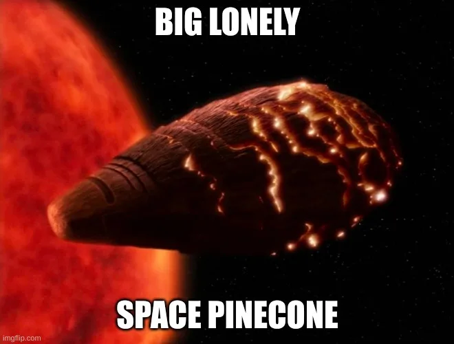 A large, pinecone-shaped object floats in space near a red star, with the text 'BIG LONELY' at the top and 'SPACE PINECONE'…