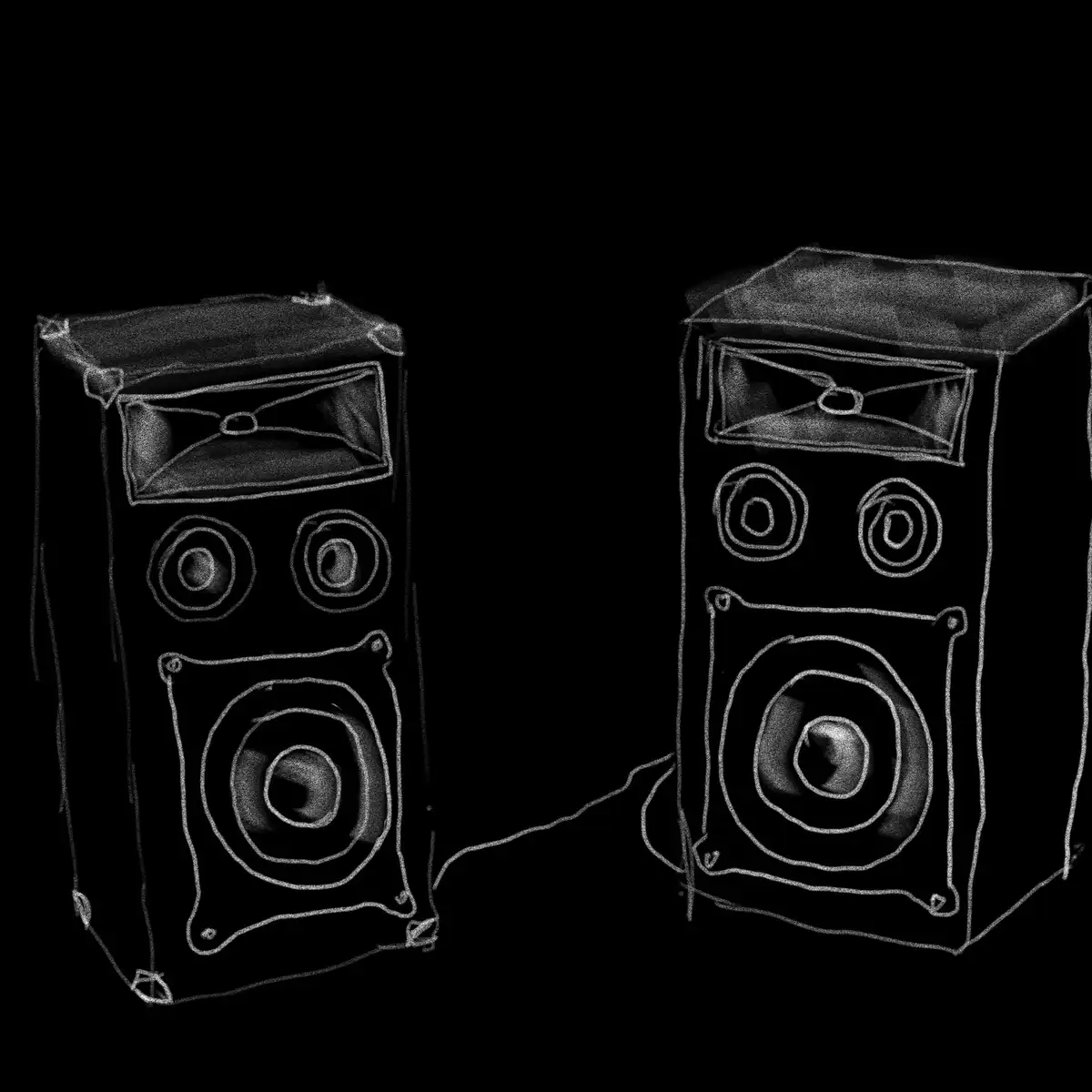 A black-and-white chalk-style drawing shows two large floor-standing speakers facing each other, connected by a wire. The…