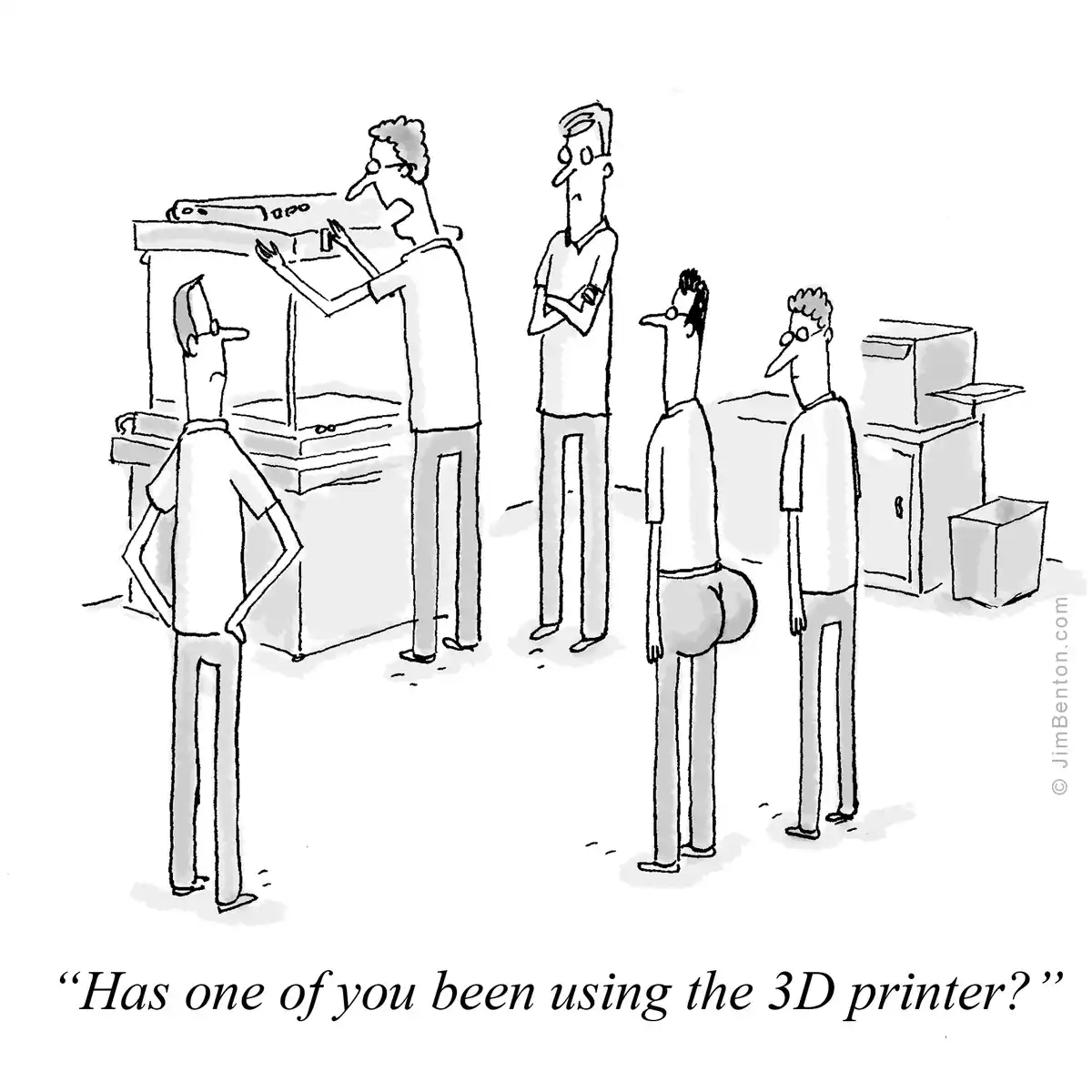 A black-and-white cartoon shows five men in a room with a 3D printer. One man is operating the machine while another stands…