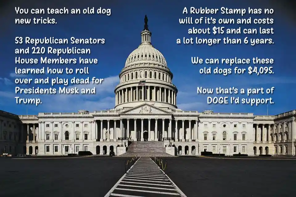 The image shows the U.S. Capitol building with overlaid text. The text humorously compares Republican lawmakers to 'old…