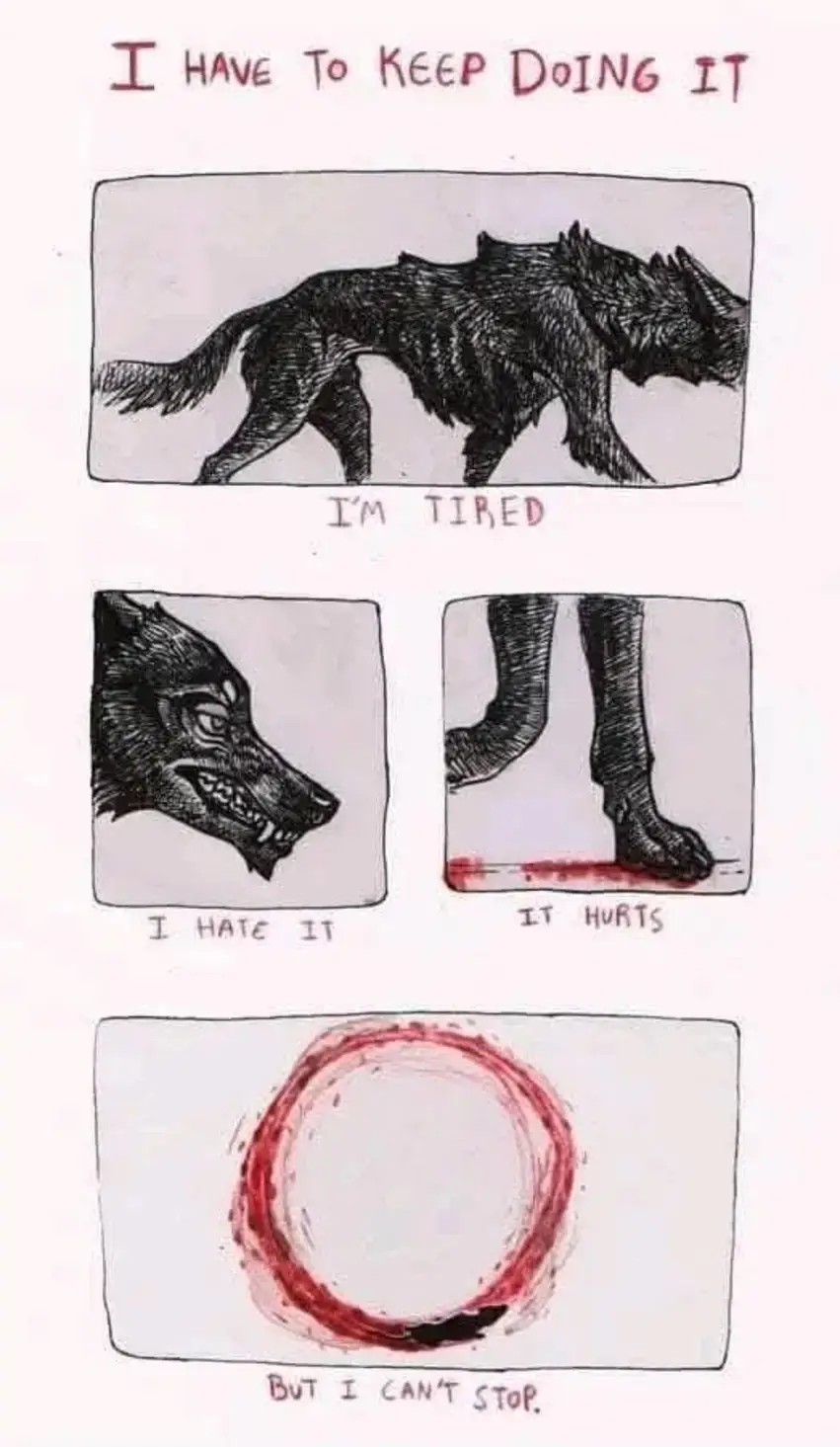 A four-panel comic strip depicts a wolf walking with exhaustion, showing a tired face, bloody paws, and finally a red circle…