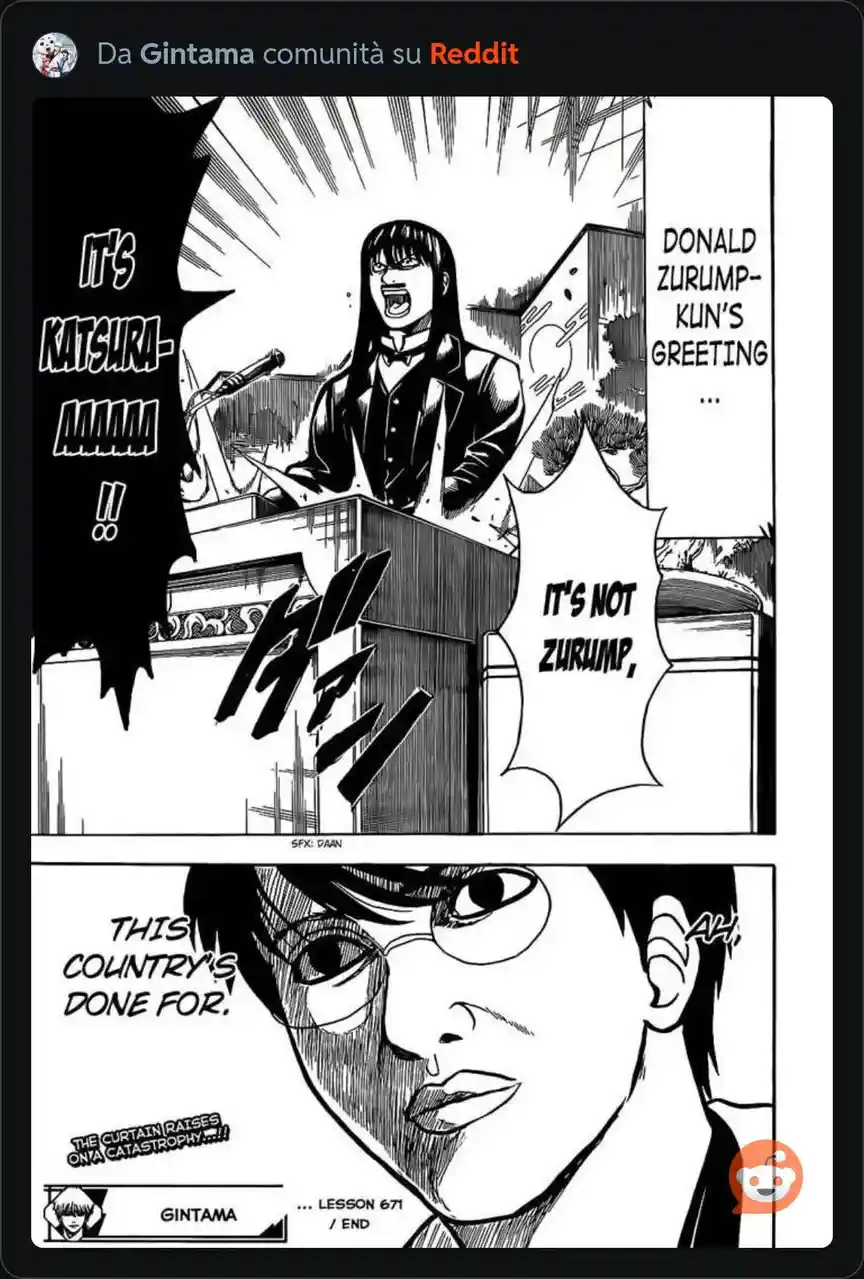 A black-and-white manga panel from Gintama shows a woman in a suit shouting dramatically at a podium, with text declaring…