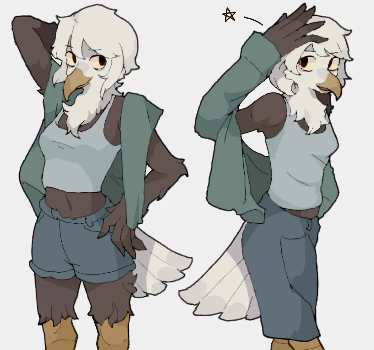 Two identical anthropomorphic eagle characters, both with white hair, beaks, and feathered arms, are shown side-by-side. The…
