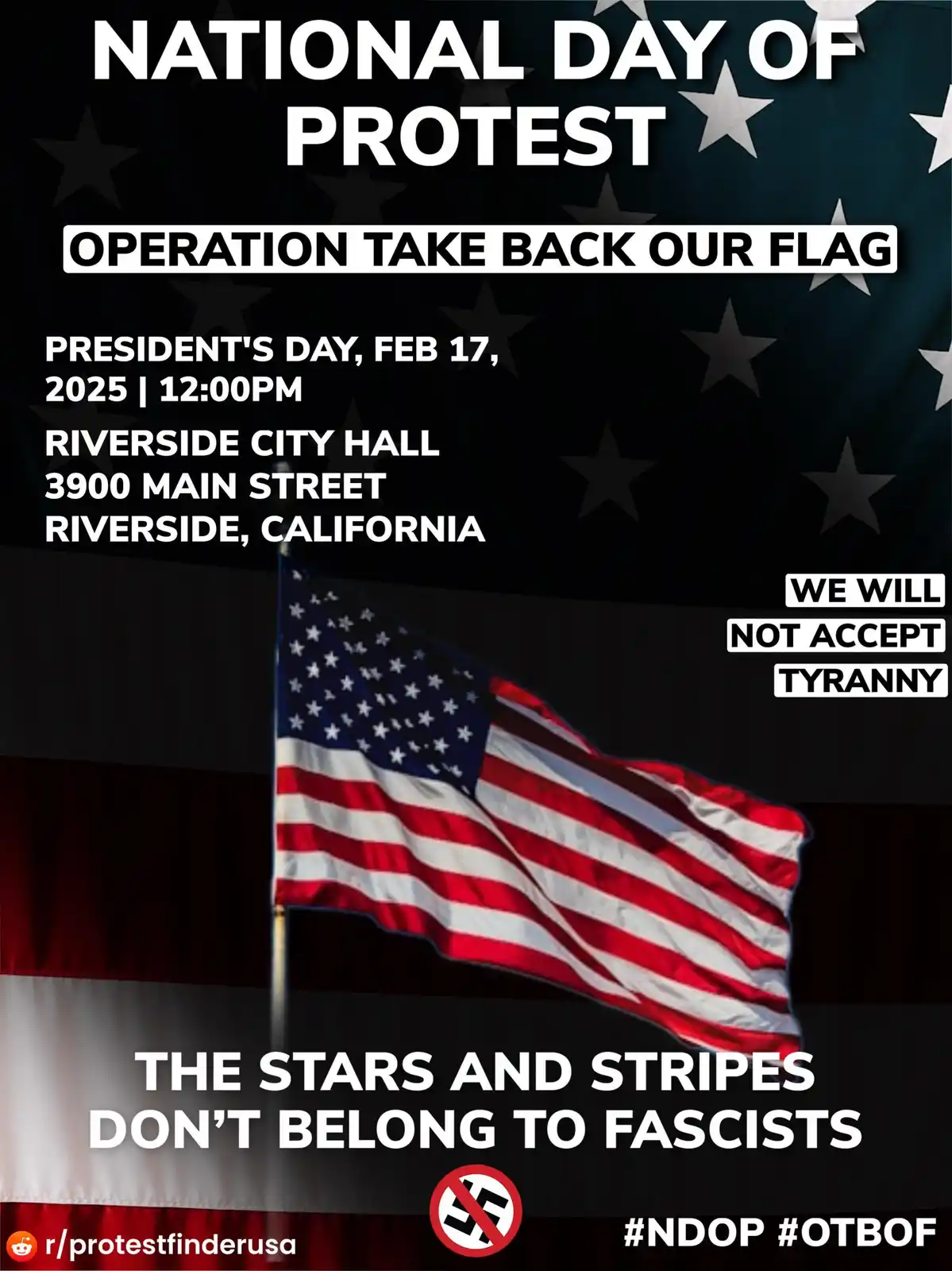 An image of an American flag waving against a dark background with stars, overlaid with protest text. The text announces a…