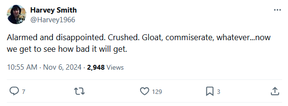 A screenshot of a tweet from user Harvey Smith (@Harvey1966) posted on November 6, 2024, at 10:55 AM. The tweet reads…