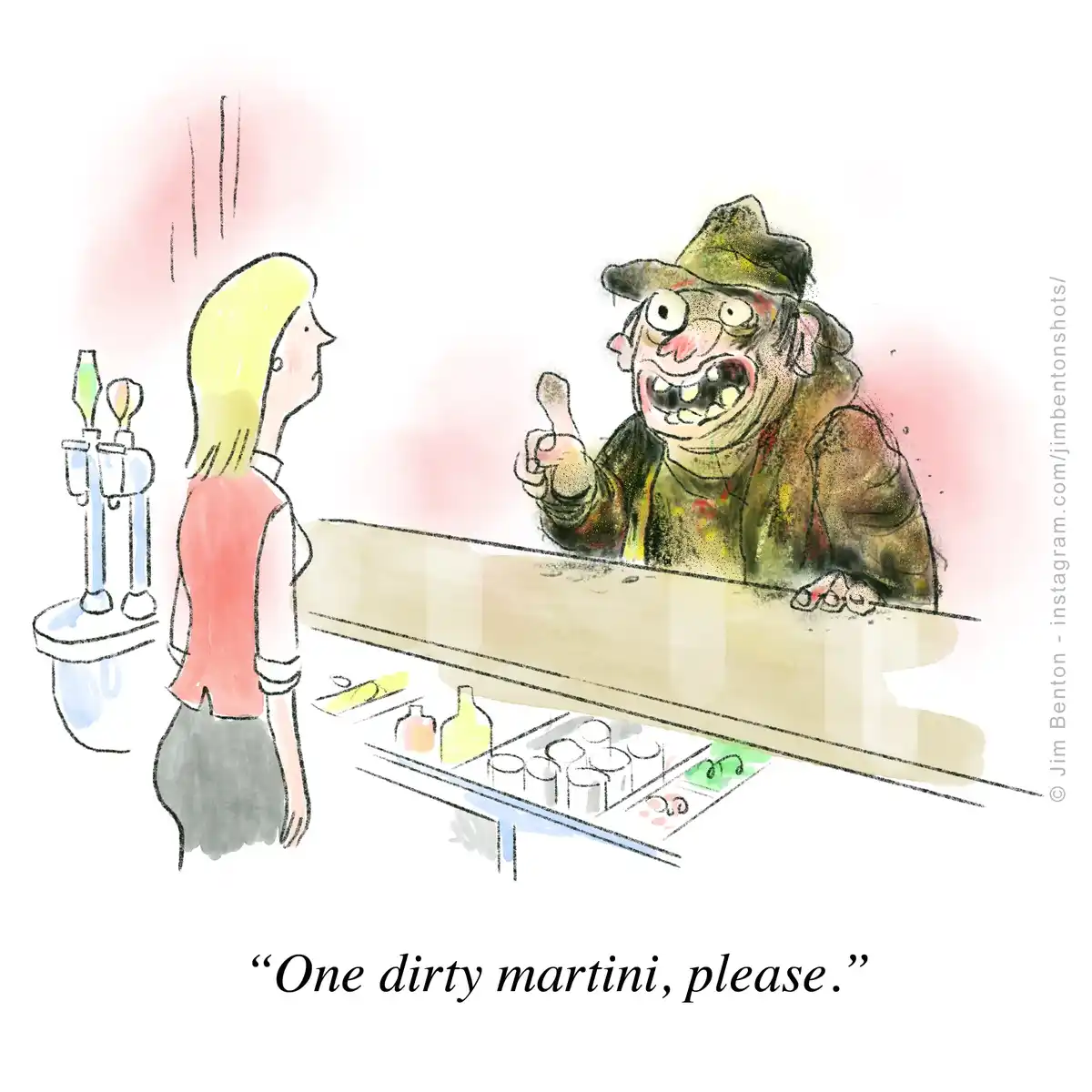 A cartoon depicts a blonde woman at a bar ordering from a grotesque, disheveled man with a hat, wide eyes, and a grimy face…