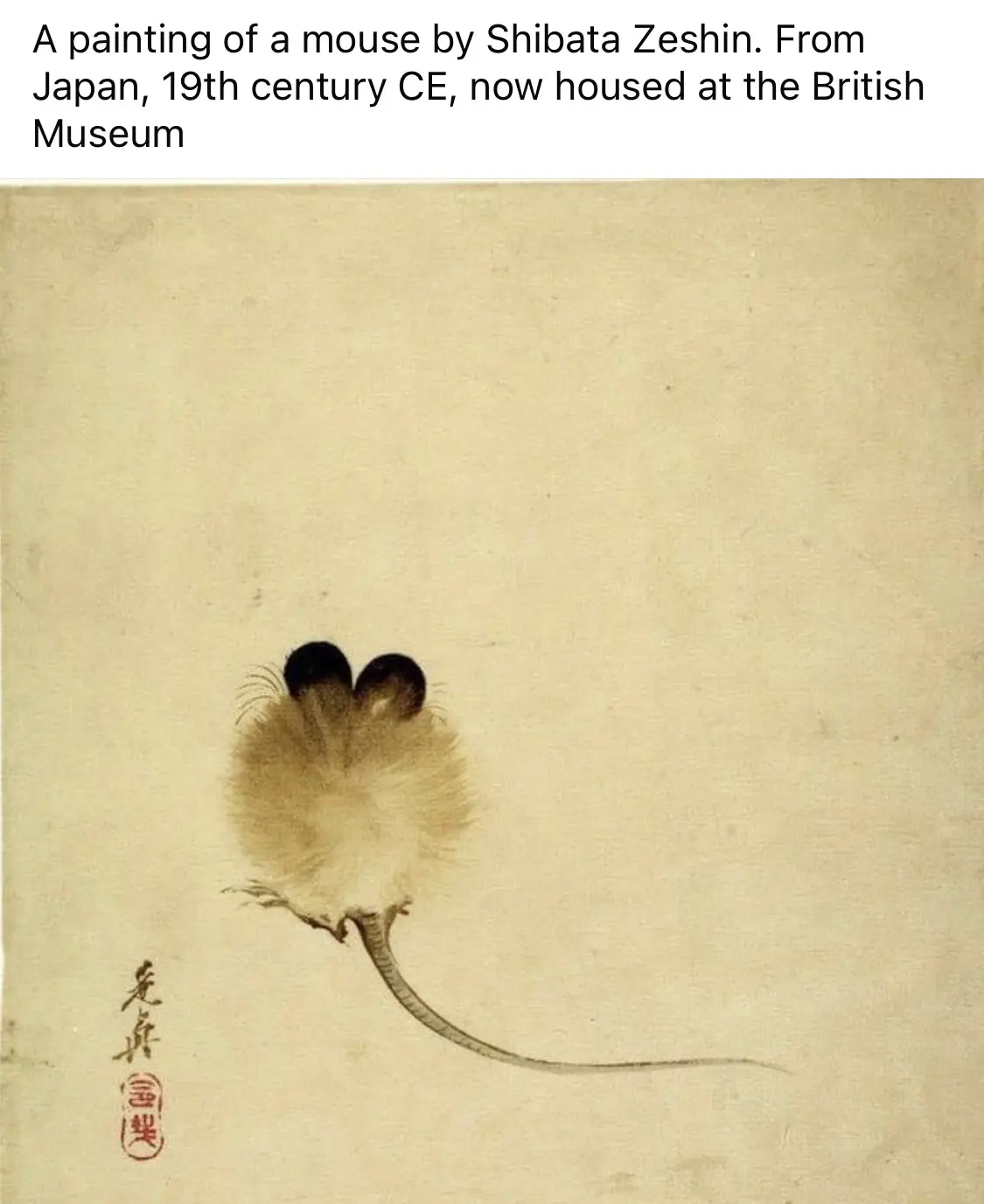 A traditional Japanese ink painting on beige paper depicts a small, fluffy mouse viewed from behind, showing its long tail…