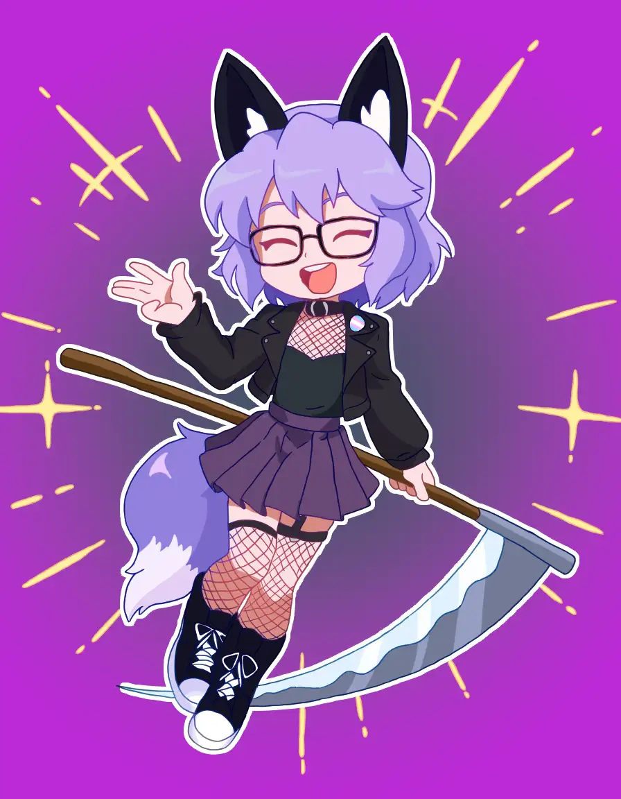 A chibi-style anime girl with purple hair, black cat ears, glasses, and a purple tail is joyfully waving while balancing on…