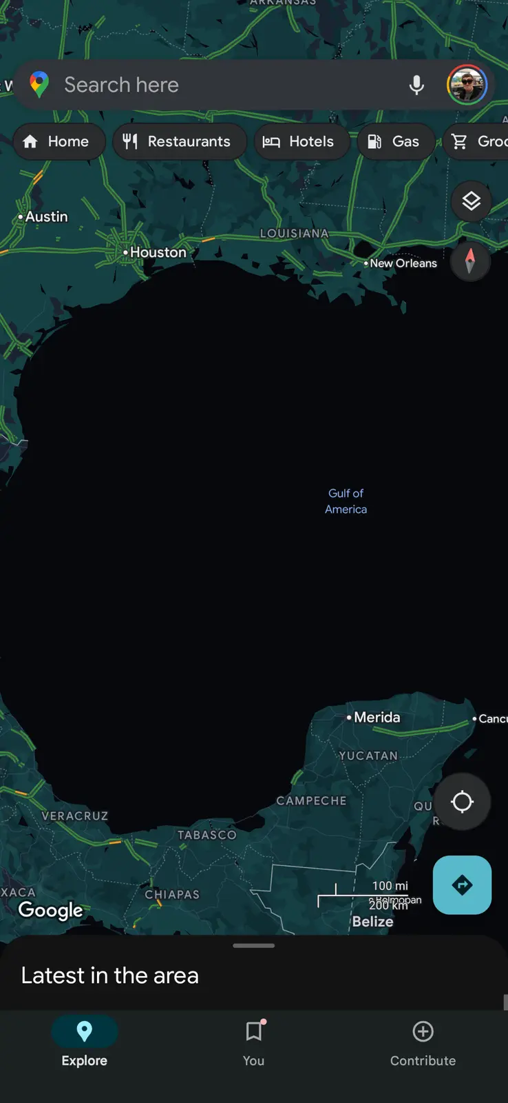 A Google Maps screenshot showing the Gulf of Mexico labeled as 'Gulf of America' with U.S. cities like Houston and New…