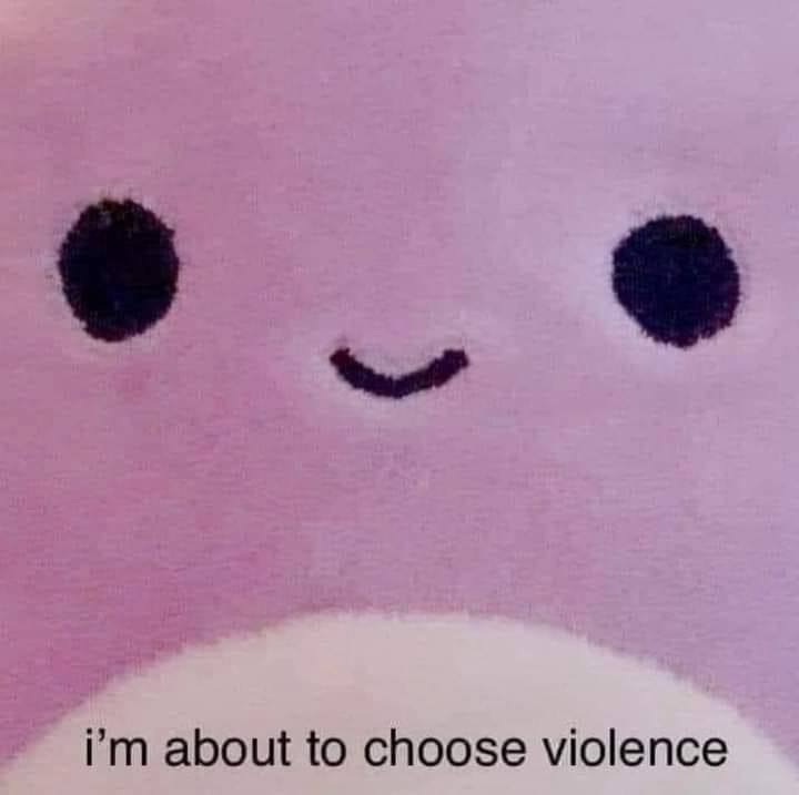 A close-up of a pink, plush, cartoonish creature with simple black dot eyes and a small curved smile, overlaid with the text…