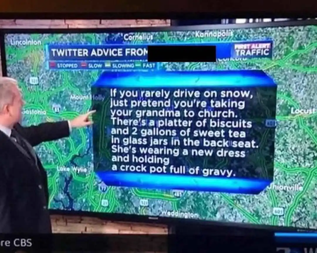 A TV traffic reporter points at a map while a blue box overlay displays a humorous 'Twitter Advice From' tip about…