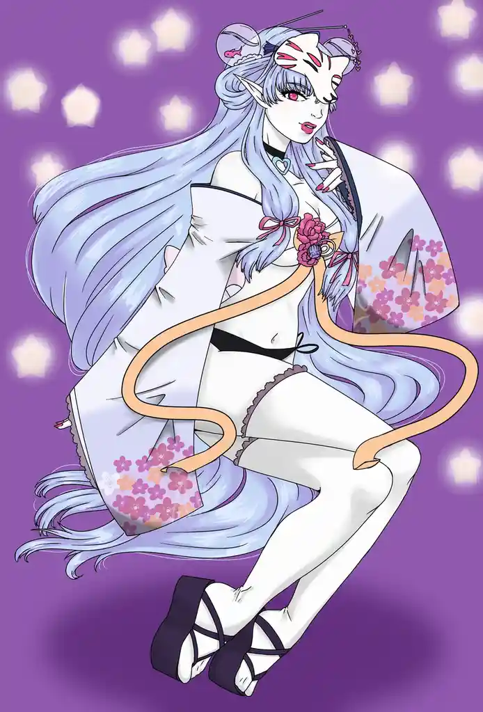 An anime-style illustration of a catgirl with long blue hair, cat ears, and a tail, wearing a white kimono with floral…
