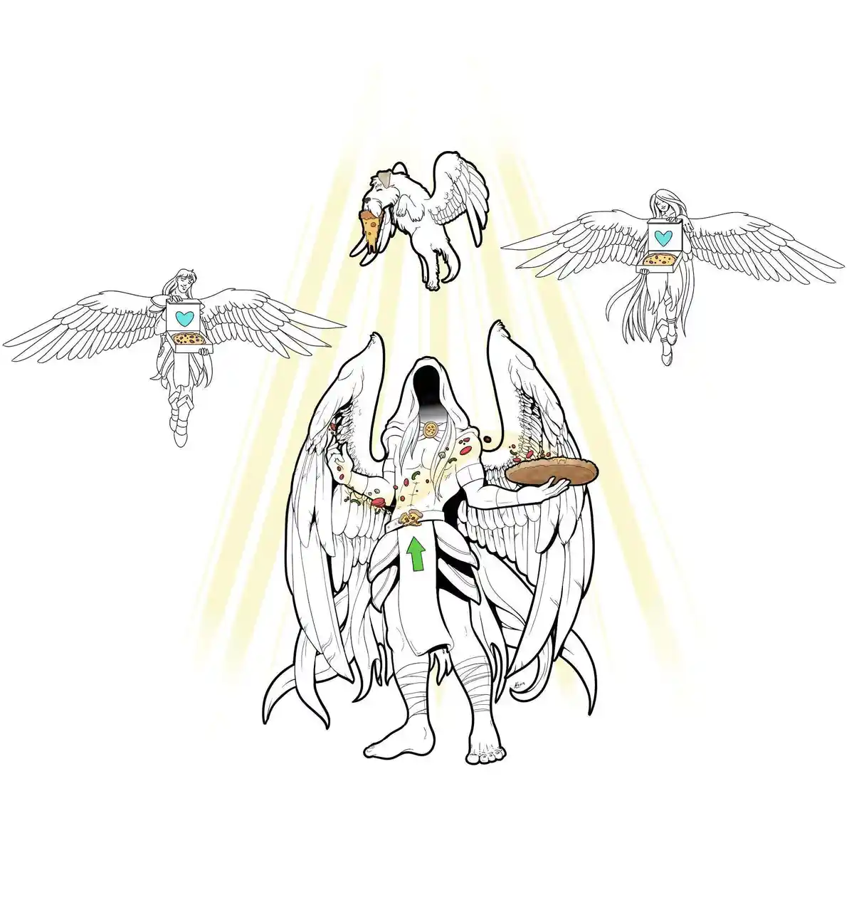 A central angelic figure with a hooded face and a green arrow pointing upward on their belt is covered in pizza toppings and…