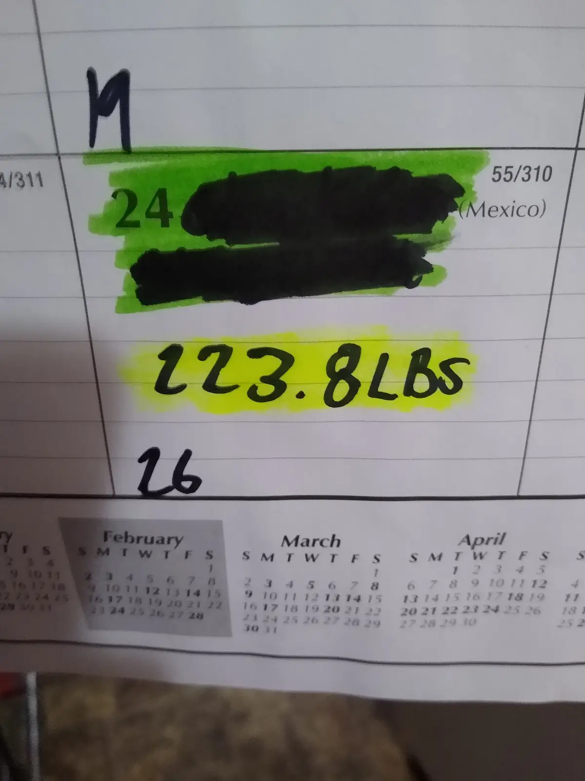A close-up of a handwritten calendar page showing February, March, and April. The date '24' is highlighted in green and has…