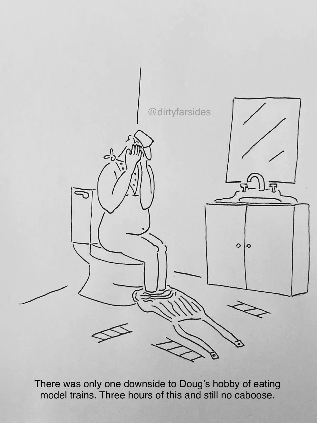 A black-and-white line drawing shows a person sitting on a toilet in a bathroom, covering their face with their hands in…