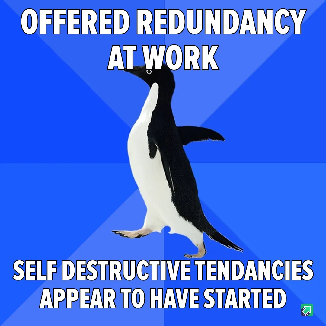 A black-and-white penguin stands against a blue background with diagonal stripes, looking upward. The text at the top reads…