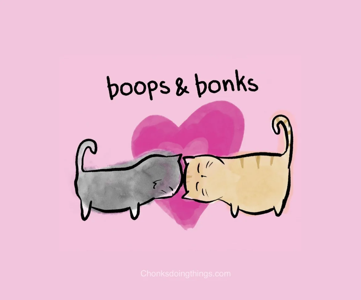 Two cartoon cats, one gray and one orange tabby, are shown affectionately nuzzling noses against a pink heart on a light…