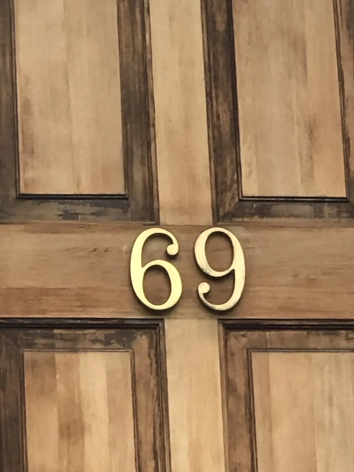 A close-up of a wooden door with a panel design, featuring large, ornate, gold-colored house numbers '69' centered on the…