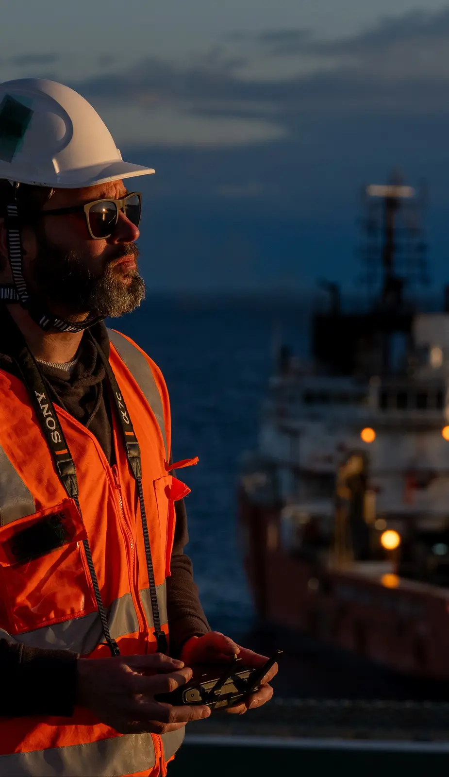 A man in a white hard hat, sunglasses, and an orange safety vest holds a drone controller while looking out at a large ship…