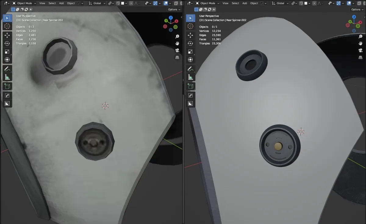 The image displays two side-by-side 3D modeling software views of the same object, showing a dramatic increase in polygon…