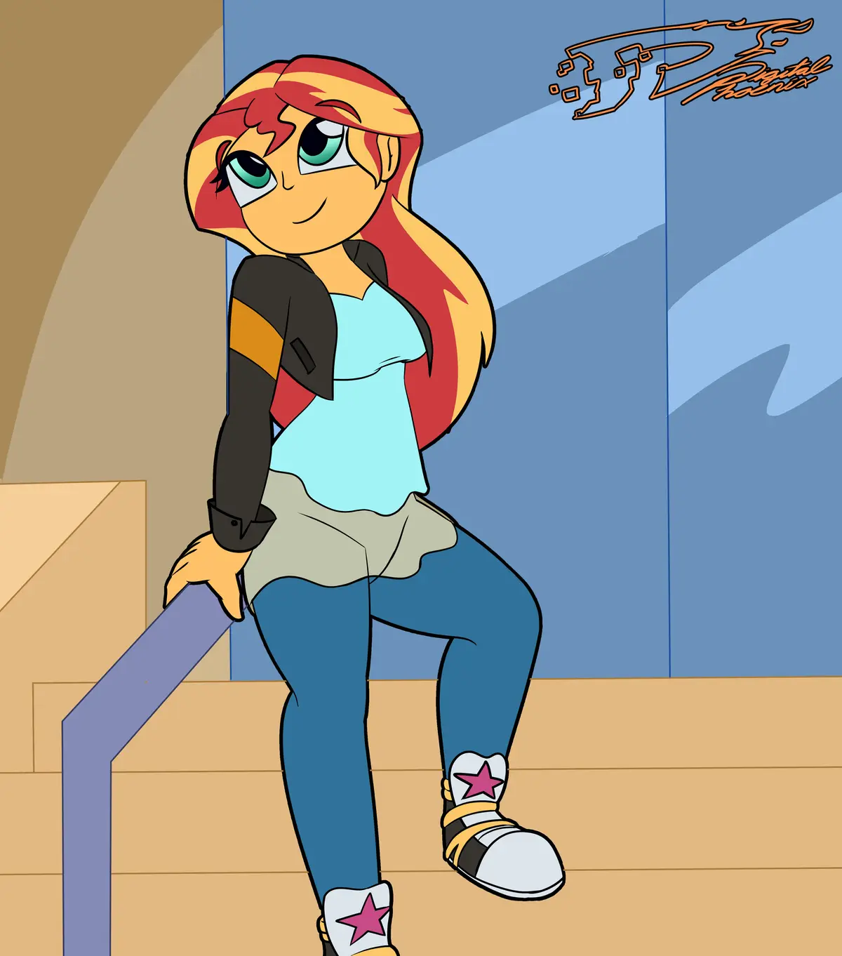 A cartoon girl with red and yellow hair, wearing a light blue shirt, black jacket, blue jeans, and white sneakers with pink…