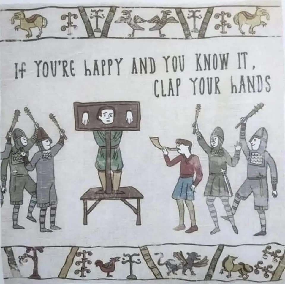 An illustrated scene depicts medieval-style figures, some in armor, surrounding a person with their head in a wooden box and…