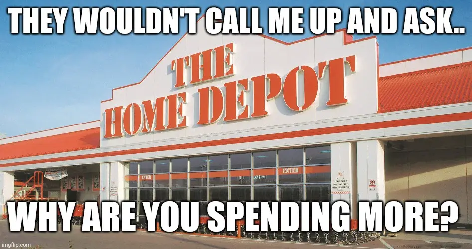 An exterior shot of a Home Depot store with large orange and white signage. White bold text is overlaid at the top and…