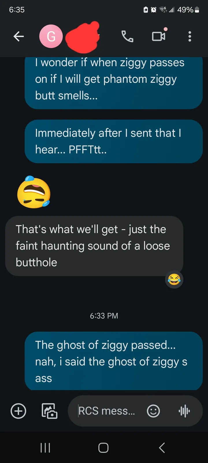 A screenshot of a text conversation where one person jokes about getting 'phantom ziggy butt smells' after someone named…