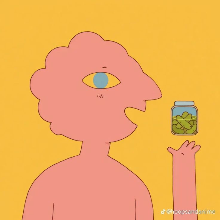 A stylized pink cartoon figure with a single large eye and a simple mouth is shown reaching for a jar of pickles. The figure…