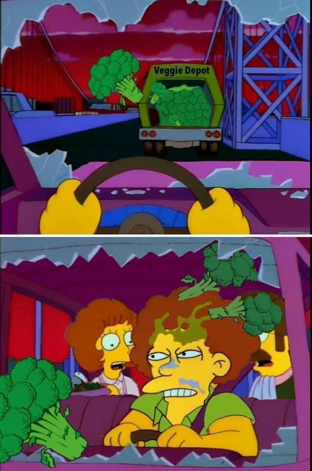 The top panel shows a green broccoli-headed hand reaching out from a truck labeled 'Veggie Depot' as a driver with yellow…